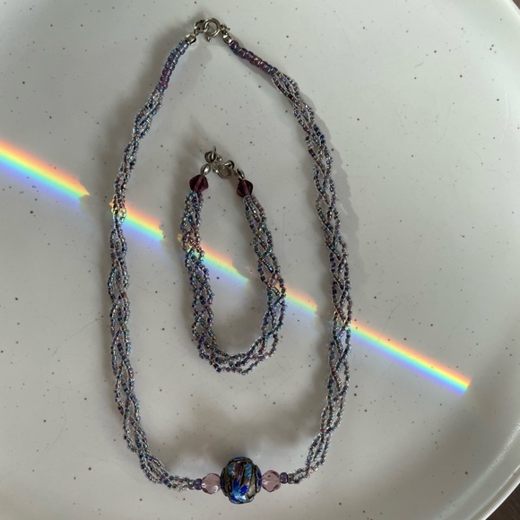 Vintage Braided Seedbead Peach Coral Amethyst Blue Necklace Bracelet Set XS - Picture 7 of 9